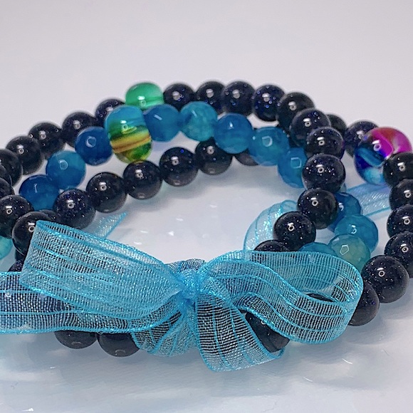 BLUE SANDSTONE + DRAGON VEINS  AGATE SET NATURAL BRACELETS size 7” - Picture 4 of 8